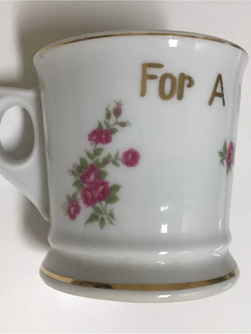 Vintage Shaving Mug FOR A LITTLE SHAVER Girl’s White Pink Roses Bouquet Ribbons